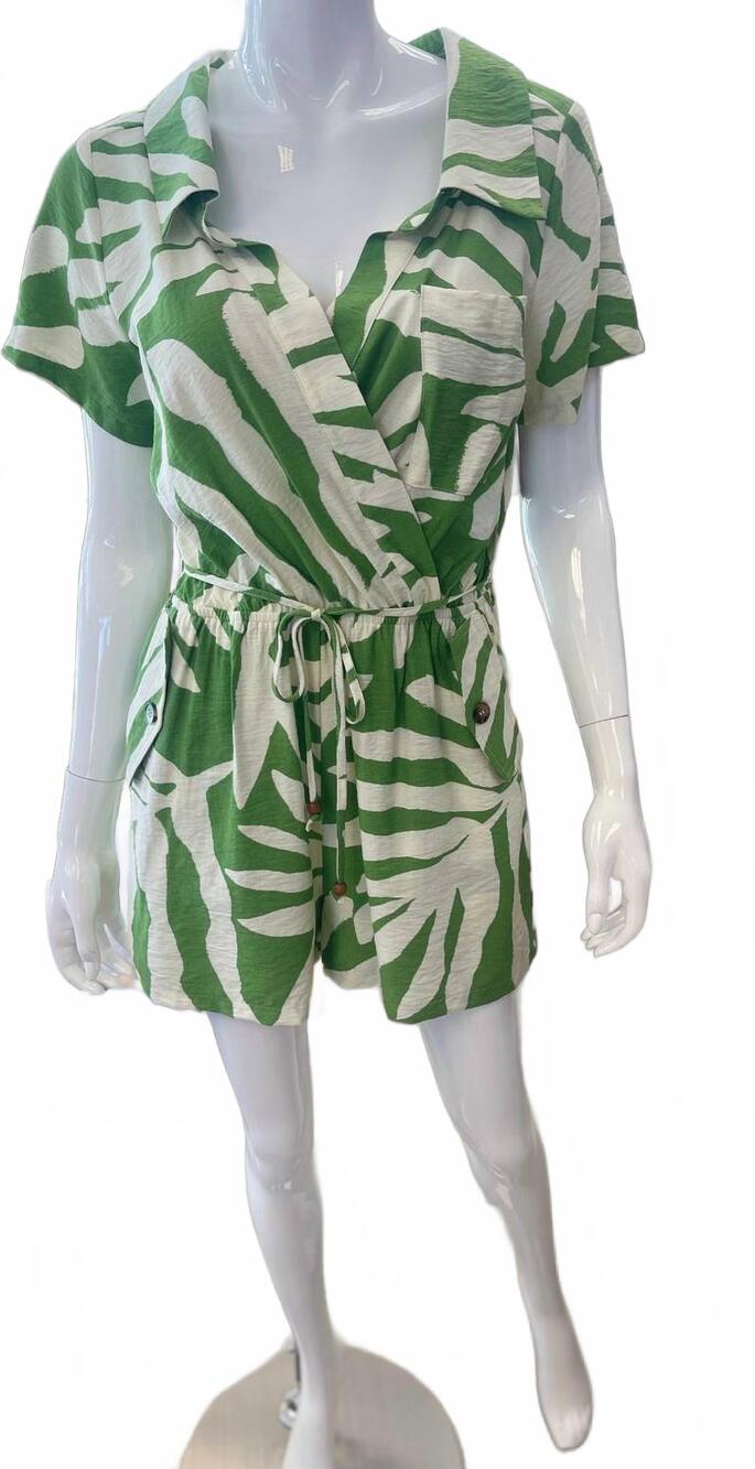 NEW KLD. SIGNATURE women's collared short sleeve romper in green